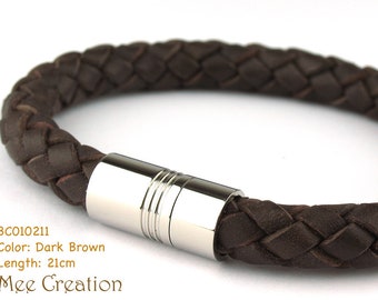 BC010211) 21cm Genuine Plait Braided Bolo Leather Bracelet with Stainless Steel Magnetic Clasp, Leather Bracelet, Dark Brown Leather