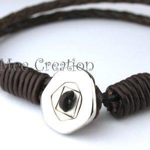 MCBC010285 3mm Genuine Braided Bolo Leather 316L Stainless Steel Button Clasp Bracelet 20cm / 7 7/8, Leather Bracelet, Red Brown Leather image 3