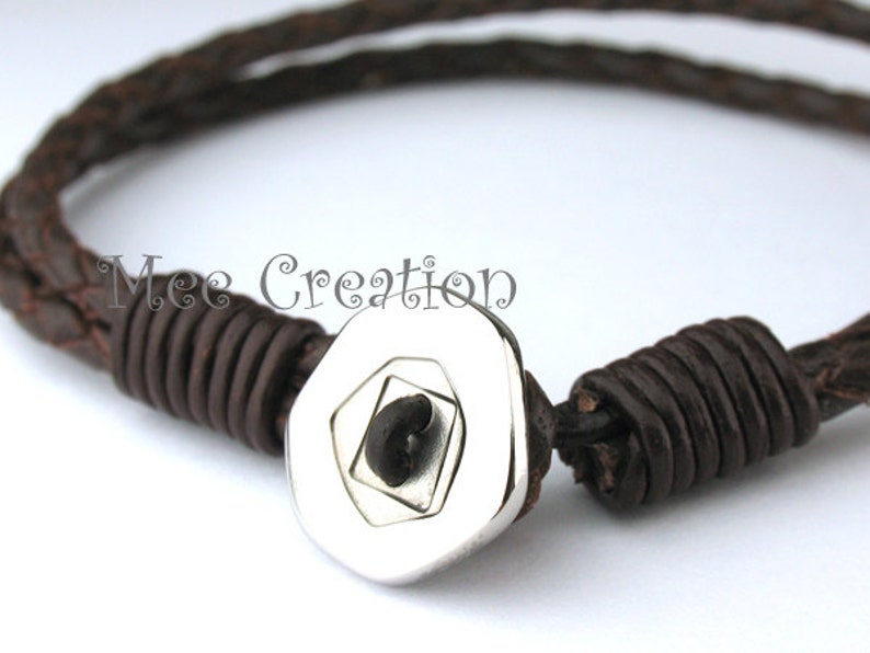MCBC010285 3mm Genuine Braided Bolo Leather 316L Stainless Steel Button Clasp Bracelet 20cm / 7 7/8, Leather Bracelet, Red Brown Leather image 3