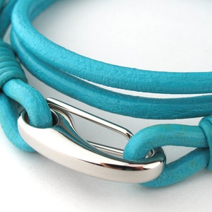 MCBC010434 3mm Genuine Round Leather with Stainless Steel Shrimp Clasp Bracelet 19cm / 7 1/2, Leather Bracelet, Blue Turquoise Leather image 3