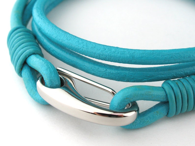 MCBC010434 3mm Genuine Round Leather with Stainless Steel Shrimp Clasp Bracelet 19cm / 7 1/2, Leather Bracelet, Blue Turquoise Leather image 3