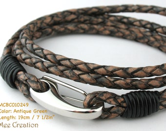 MCBC010249) 3mm Genuine Braided Bolo Leather 316L Stainless Steel Shrimp Clasp Bracelet (19cm / 7 1/2"), Leather Bracelet, Antique Leather