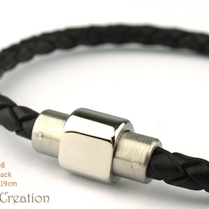 BC010208) 19cm Genuine Plait Braided Bolo Leather Bracelet with Stainless Steel Magnetic Clasp, Leather Bracelet, Black Leather Bracelet