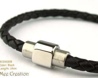 BC010208) 19cm Genuine Plait Braided Bolo Leather Bracelet with Stainless Steel Magnetic Clasp, Leather Bracelet, Black Leather Bracelet