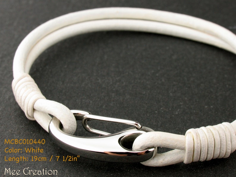 MCBC010441 3mm Genuine Round Leather with Stainless Steel Shrimp Clasp Bracelet 19cm / 7 1/2, Leather Bracelet, Pink Leather Bracelet White, 19cm