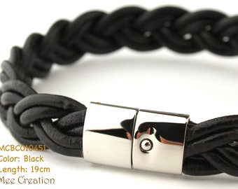 MCBC010451) Genuine Round Braided Leather with Stainless Steel Clasp Bracelet (19cm / 7 1/2"), Leather Bracelet, Black Leather Bracelet