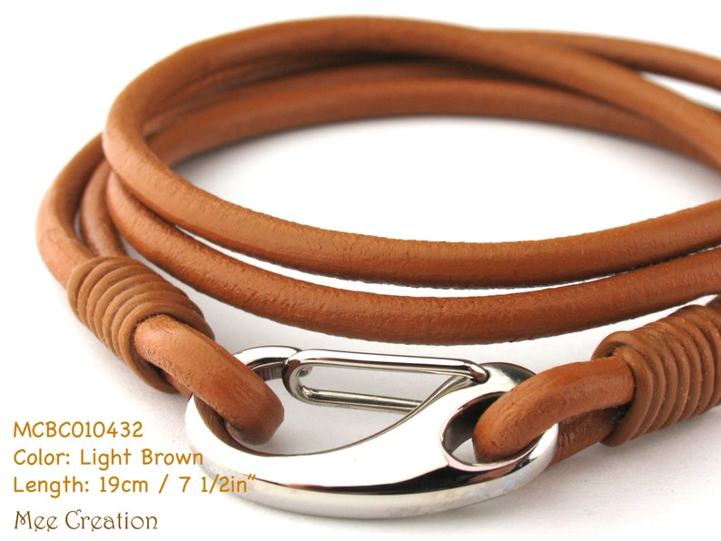 MCBC010434 3mm Genuine Round Leather with Stainless Steel Shrimp Clasp Bracelet 19cm / 7 1/2, Leather Bracelet, Blue Turquoise Leather Light Brown, 19cm