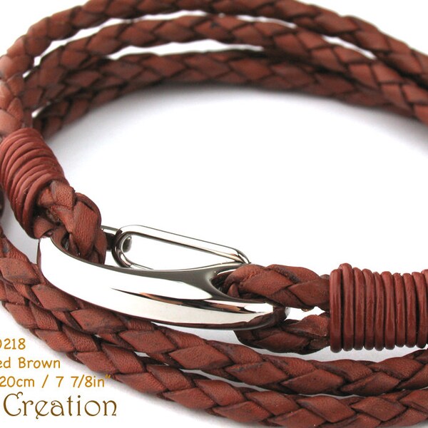 BC010218) 20cm 316L Stainless Steel Shrimp Genuine Plait Round Bracelet, Leather Bracelet, Red Brown Leather Bracelet Armband