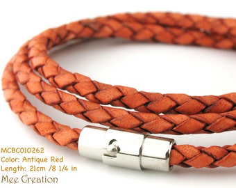 MCBC010262) 4mm Genuine Plait Round Braided Bolo Leather Stainless Steel Magnetic Clasp Bracelet (21cm / 8 1/4"), Leather Bracelet, Brown