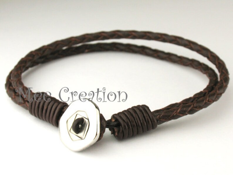 MCBC010285 3mm Genuine Braided Bolo Leather 316L Stainless Steel Button Clasp Bracelet 20cm / 7 7/8, Leather Bracelet, Red Brown Leather image 2