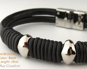 MCBC010453) 4.5mm Genuine Round Leather with Stainless Steel Push Clasp Bracelet (19cm / 7 1/2"), Leather Bracelet, Black Leather Bracelet