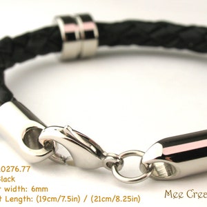 MCBC010276) 6mm Genuine Braided Bolo Leather Stainless Steel Lobster Clasp Bracelet (19cm / 7 1/2&quot;), (21cm / 8 1/4&quot;), Black Leather