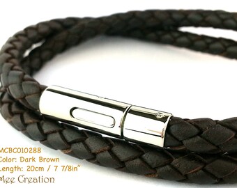 MCBC010288) 20cm, 5mm Genuine Braided Bolo Leather Steel Straight Clasp Bracelet, Leather Bracelet, Dark Brown Leather Bracelet Armband