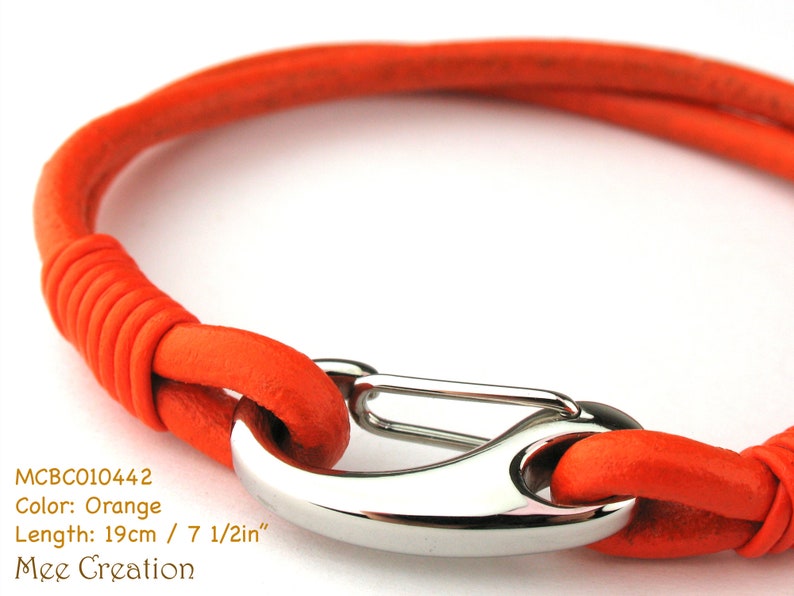 MCBC010441 3mm Genuine Round Leather with Stainless Steel Shrimp Clasp Bracelet 19cm / 7 1/2, Leather Bracelet, Pink Leather Bracelet Orange, 19cm