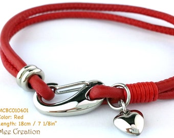 MCBC010601) 2.5mm Genuine Nappa Leather with Stainless Steel Shrimp Clasp with Heart Charm Bracelet.  Red, Turquoise, Grey Nappa Leather