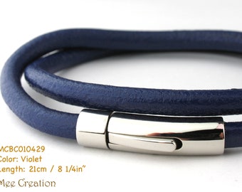 MCBC010429) 5mm Genuine Round Leather with Stainless Steel Circular Clasp Bracelet (21cm / 8 1/4"), Leather Bracelet, Violet Leather