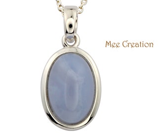 Blue Lace Agate Pendant, Oval Cabochon, Blue Pendant, Oval Pendant, throat chakra, 925 Sterling Silver Pendant