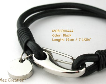 MCBC010444) 3mm Genuine  Round Leather with Stainless Steel Shrimp Clasp with Round Charm Bracelet, Black, Berry Leather Bracelet