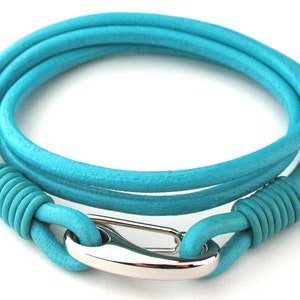 MCBC010434 3mm Genuine Round Leather with Stainless Steel Shrimp Clasp Bracelet 19cm / 7 1/2, Leather Bracelet, Blue Turquoise Leather image 2