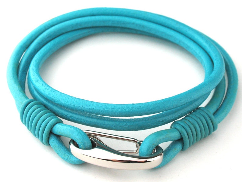 MCBC010434 3mm Genuine Round Leather with Stainless Steel Shrimp Clasp Bracelet 19cm / 7 1/2, Leather Bracelet, Blue Turquoise Leather image 2