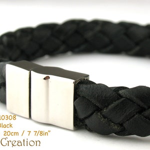 MCBC010308) 10mm Genuine Flat Bolo Leather Steel Push Clasp Bracelet (20cm), Leather Bracelet, Black Leather Bracelet