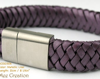 BC010306) 316L Stainless Steel Clasp Flat Braided Leather, Purple, Lilac, Black, Orange-red Leather Bracelet