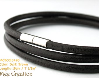 MCBC010420) 3mm Genuine Round Leather with Stainless Steel Magnetic Clasp Bracelet (19cm), Leather Bracelet, Black Leather Bracelet