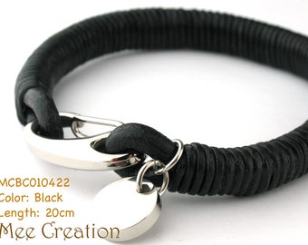 MCBC010422) 8mm Genuine Round Leather with Round Charm 316L Stainless Steel Shrimp Clasp Bracelet (20cm), Leather Bracelet, Black Leather