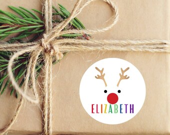 Gepersonaliseerde kerstcadeaustickers, rendiersticker, kindercadeaustickers, regenboog