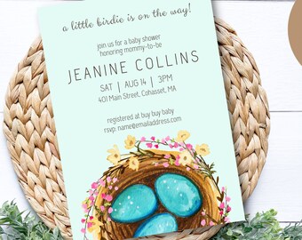 Baby shower uitnodiging, vogelnest uitnodiging, baby shower neutraal