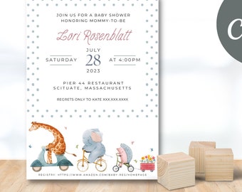 Baby shower uitnodiging, baby shower neutraal, baby dieren uitnodigingen, preppy baby shower, dierenparade uitnodigen