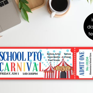 Karnevalskarte - PTO Schulkarneval - Karnevalseinladungen - Eintrittskarteneinladungen - Karnevalsparty - Schulkartenveranstaltung - Zirkuskarneval