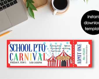Carnavalsticket - PTO Schoolcarnaval - Carnavalsuitnodigingen - Ticketuitnodigingen - Carnavalsfeest - Schoolticketevenement - Circuscarnaval