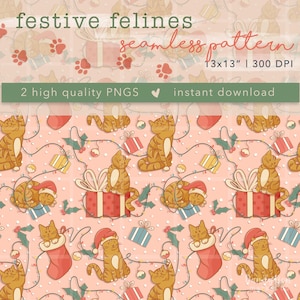 Pode incluir: Um padrão repetido com gatos de desenho animado, presentes e decorações festivas sobre um fundo rosa. O design inclui o texto "festive felines seamless pattern". O padrão tem 33 x 33 cm e inclui 2 PNGs de alta qualidade.