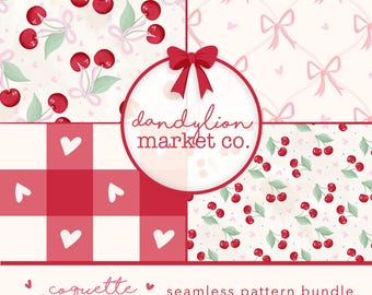 Cherry Coquette Seamless Pattern Bundle: Handcrafted White & Red Picnic ...