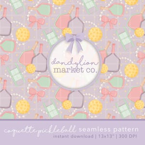 May include: A seamless pattern with pastel-coloured pickleball paddles, balls, bows, and faux pearl strands. The design includes the text "dandylion market co." and "coquette pickleball seamless pattern".