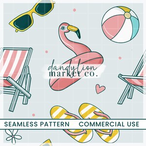 Sömlöst mönster för sommarstrand, tygdesign med flamingo-poolmadrass, digitalt papper för retrostrand, mönster för kustbadkläder, kommersiellt bruk PNG