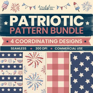 以下が含まれることがあります： 4つのコーディネートされたデザインの愛国的なパターンバンドル。デザインには、星、花火、ギンガム、赤、白、青の愛国的なアイコンのパターンが含まれています。「PATRIOTIC PATTERN BUNDLE」と書かれています。