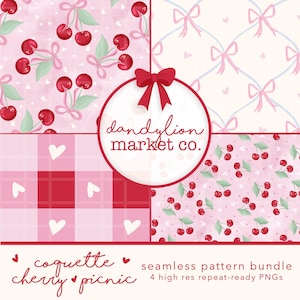 Può includere: Un pacchetto di modelli senza cuciture con quattro design: ciliegie con fiocchi, fiocchi rosa su bianco, motivo a quadri rossi con cuori e ciliegie con cuori. È visibile anche il testo "coquette cherry picnic" e "dandylion market co.".