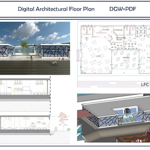 以下が含まれることがあります： モダンな建物の複数のビューを備えたデジタル建築平面図。画像には、平面図、外観レンダリング、断面図が含まれています。「Digital Architectural Floor Plan」と「DGW+PDF」というテキストが含まれています。
