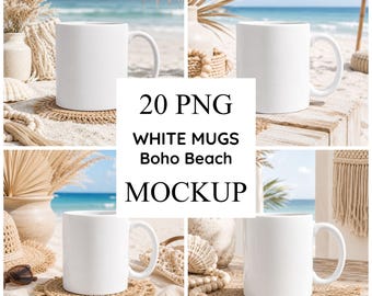 Mug Mockup Bundle, 20 PNG, Neutral Boho Coastal Styled Stock Photos, Bright Natural Scenes for Product Displays