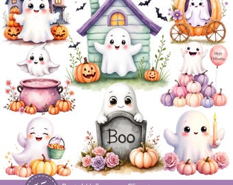 Pastel Halloween Watercolour Clipart Bundle, 55 PNG Images with Cute White Ghosts, Pumpkins, Cats, Haunted Houses, Cauldrons, Flowers