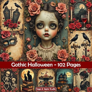 Gothic Halloween Junk Journal Kit, 102 Printable Papers and Ephemera, Vintage Gothic Digital Papers for Scrapbooks, Journals and Crafts