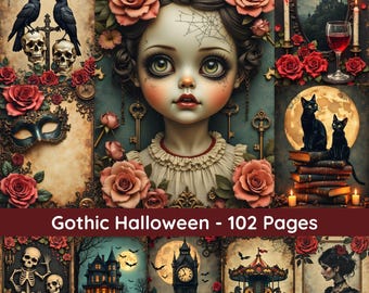 Gothic Halloween Junk Journal Kit, 102 Printable Papers and Ephemera, Vintage Gothic Digital Papers for Scrapbooks, Journals and Crafts
