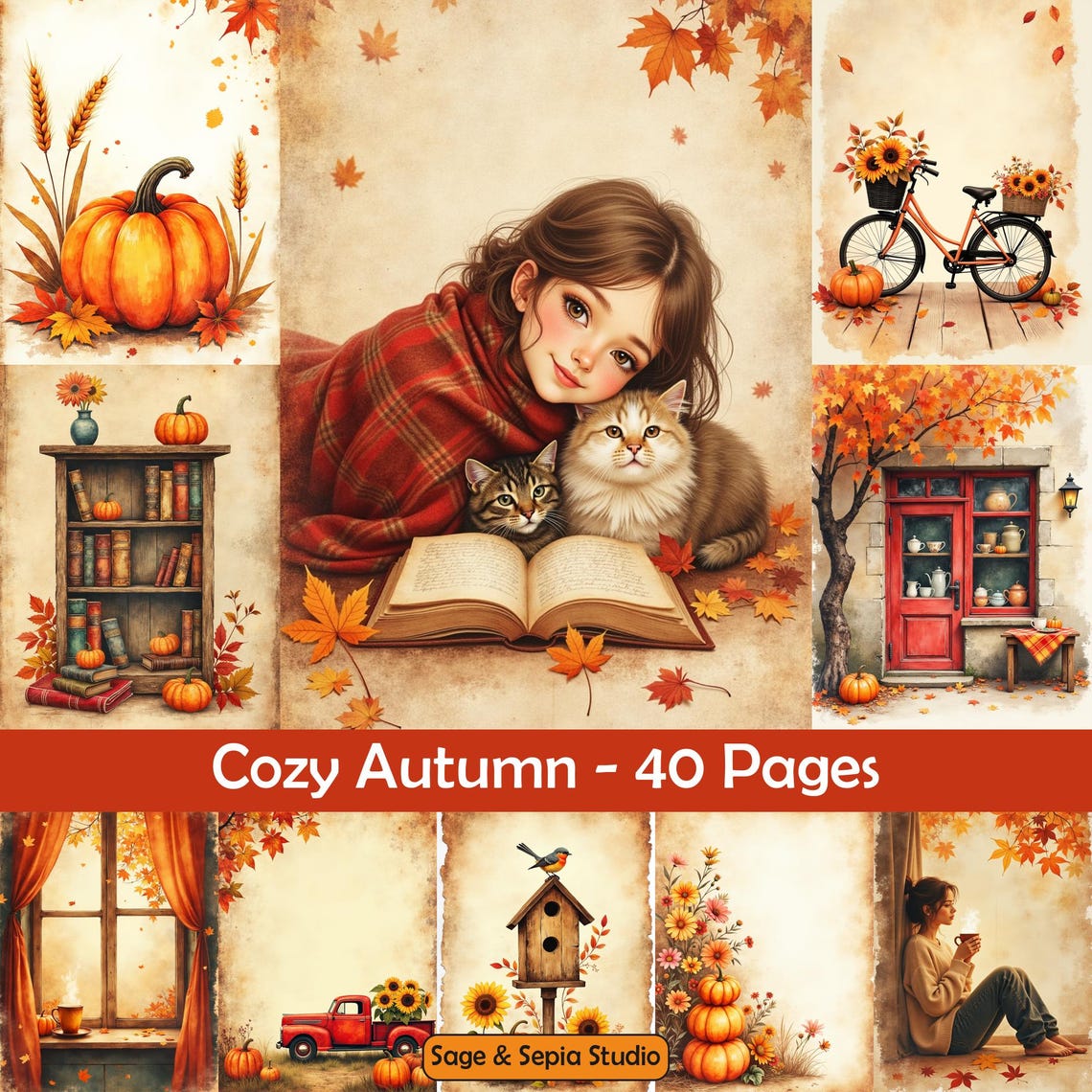 Cozy Autumn Junk Journal Kit, 40 Printable Pages, Vintage Fall Themes ...
