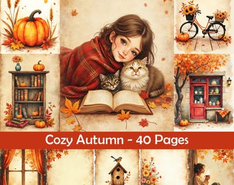 Cozy Autumn Junk Journal Kit, 40 Printable Pages, Vintage Fall themes with Leaves, Pumpkins and Rustic Designs, Junk Journaling and Crafts