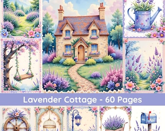 Kit de journal indésirable Lavender Cottage, 60 pages imprimables avec du papier collage scrapbooking shabby chic, bordures de page, éphémères, étiquettes, papier numérique