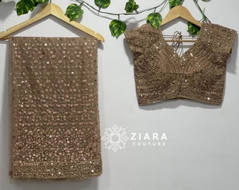 Conjunto de sari de red bordada: Dori con lentejuelas color vino, listo para usar