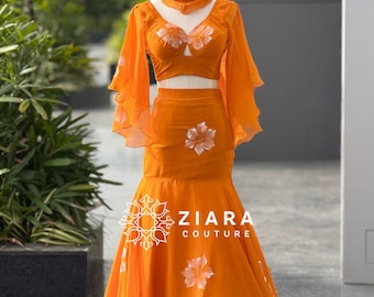 Orange Handpaint Lehenga Set, Georgette Ruffle Sleeve Blouse, Indian Wedding Outfit