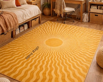Hand Tufted Sunburst Rug, Modern Abstract Area Rug, Mustard Yellow Rug, Handmade Statement Carpet, Custom Living Room Decor